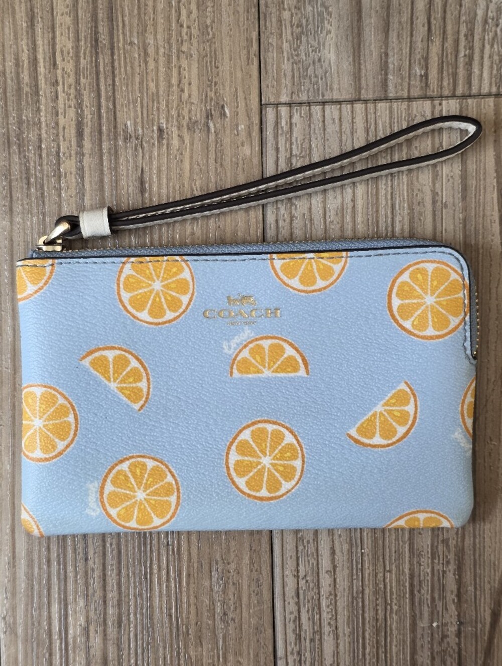 Coach Light Blue Orange Print Wristlet